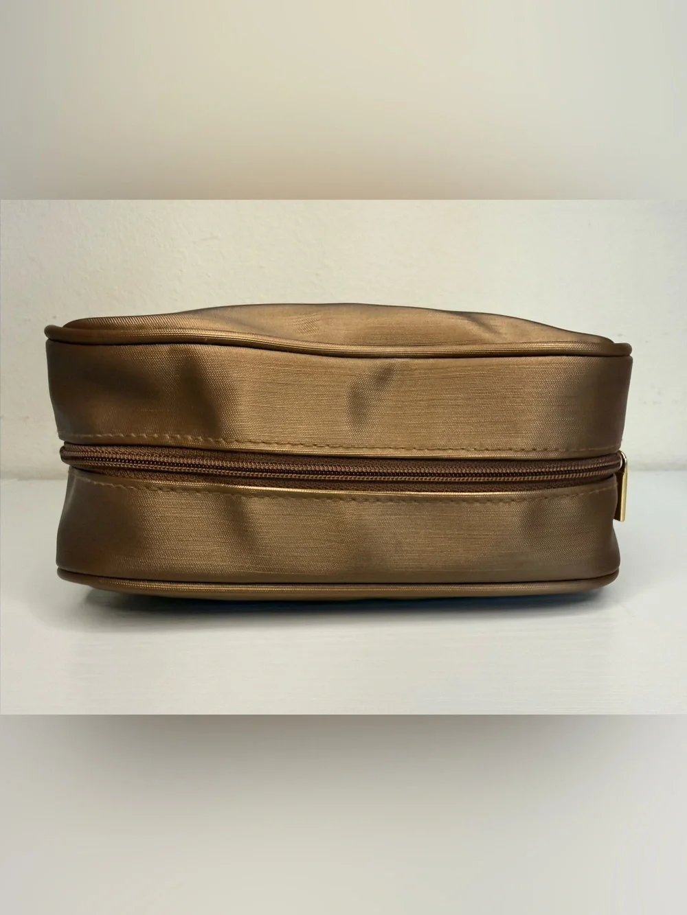Elizabeth Arden Satin Bronze Gold Tone Zipper Cosmetic Pouch